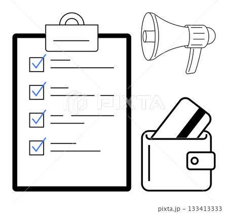 Clipboard with checklist and blue check marks next to megaphone and wallet containing a card. Ideal for productivity, finance, business planning, marketing strategies, task management, organizational 133413333