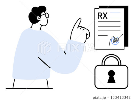 Person pointing at signed prescription document with lock symbol nearby. Ideal for themes related to healthcare, privacy, security, medical records, authorization, data protection, and policy 133413342
