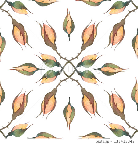 A seamless pattern of orange roses buds in a vintage style. Watercolor illustration hand drawn and isolated on a white background. Perfect for decorating packaging, wrapping paper, textiles, and more A seamless pattern of orange roses buds in a vintage style. Watercolor illustration hand drawn and isolated on a white background. Perfect for decorating packaging, wrapping paper, textiles, and more 133413348