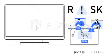 Computer monitor, cashback icon, discount percentage, buy button. Ideal for ecommerce safety, financial literacy, consumer protection, online shopping tips, cybersecurity risk management marketing 133413369