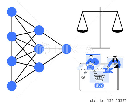 Neural network diagram with interconnected nodes. Justice scale and online shopping elements thumbs up buttons and icons. Ideal for AI, technology, justice, business, ethics, e-commerce 133413372