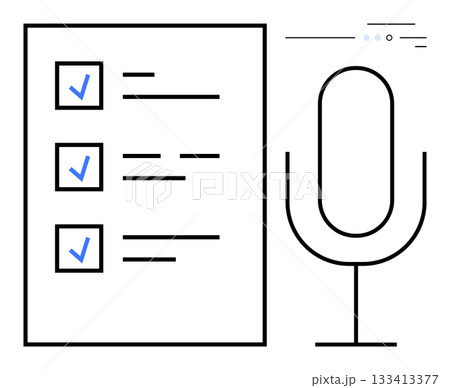 Checklist with blue checkmarks for podcast recording tasks beside a black microphone icon. Ideal for content creation, organization, productivity, task management, podcast planning, creative 133413377