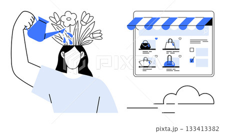 Person watering head, flowers growing, next to online store window with shopping bags. Ideal for self-care, growth mindset, online retail, e-commerce, mental health, digital marketing lifestyle 133413382