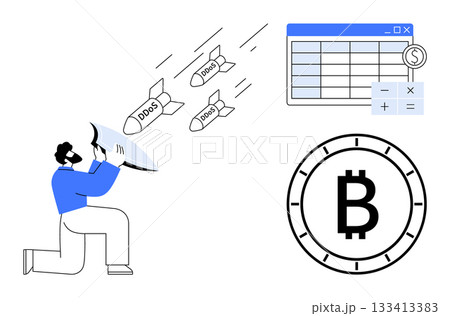 Man uses shield to protect against incoming DDoS missiles, near a spreadsheet with currency symbols, next to Bitcoin symbol. Ideal for cybersecurity, financial security, cryptocurrency, risk 133413383