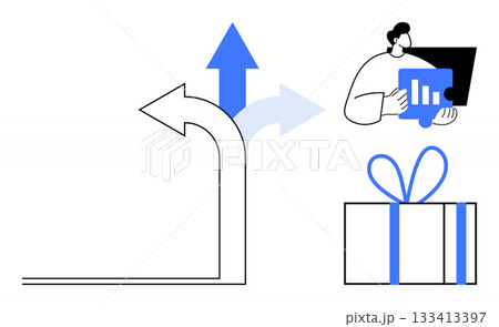 Business analyst reviewing data on laptop with growth arrow indicating progress and gift box symbolizing reward. Ideal for business growth, performance, analysis, rewards, success, motivation 133413397