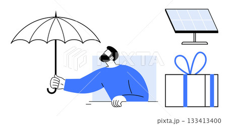 Man holding an umbrella, adjacent to a solar panel and a gift box. Ideal for themes of protection, sustainability, innovation, renewable energy, gifts, security weather. Line metaphor Man holding an umbrella, adjacent to a solar panel and a gift box. Ideal for themes of protection, sustainability, innovation, renewable energy, gifts, security weather. Line metaphor 133413400