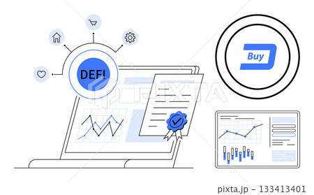 Laptop displaying financial charts, DEFI icon surrounded by finance-related icons, digital certificate, and buy button. Ideal for fintech, investments, blockchain, cryptocurrencies, financial Laptop displaying financial charts, DEFI icon surrounded by finance-related icons, digital certificate, and buy button. Ideal for fintech, investments, blockchain, cryptocurrencies, financial 133413401