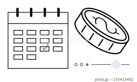 Calendar with check mark and dollar coin illustrating financial planning, scheduling, deadlines, budgeting, and time management. Ideal for business, finance, organization, productivity personal Calendar with check mark and dollar coin illustrating financial planning, scheduling, deadlines, budgeting, and time management. Ideal for business, finance, organization, productivity personal 133413402