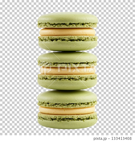 Delicious Green Macarons Stacked in a Neat Arrangement on a Plain Background 133413408
