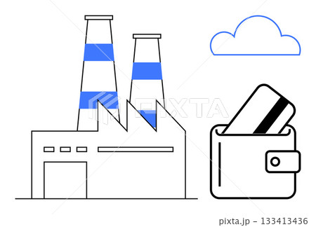 Industrial factory with striped smokestacks beside wallet holding credit card with cloud overhead. Ideal for finance, industry, banking, economics, cloud services, business strategy, environmental 133413436