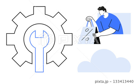 Gear with wrench represents maintenance, man holding shopping bags indicates discount shopping, cloud signifies cloud computing. Ideal for technology, e-commerce, shopping, discounts, cloud services 133413440