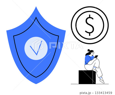 Large blue shield with checkmark, black dollar symbol, woman using a tablet. Ideal for digital security, financial protection, online banking, personal finance apps, tech communications, fintech 133413459