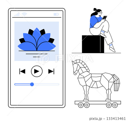 Phone screen with music player app featuring play button and lotus icon, person sitting on a box using a tablet, geometric Trojan horse. Ideal for tech, music, relaxation, education, cybersecurity 133413461