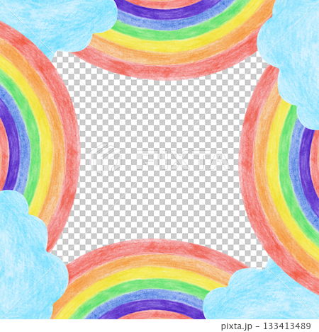 Multi-colored square frame with rainbow and clouds. Drawing with colored pencils. A bright children's template with an empty place to insert. 133413489