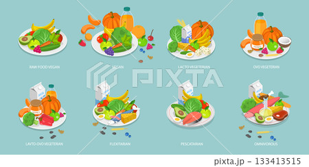 3D Isometric Flat Vector Set of Vegetarian Food Plates, Organic Grocery Products 133413515