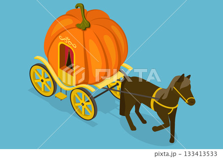 3D Isometric Flat Vector Illustration of Magnificent Pumpkin Carriage, Enchanting Story 133413533