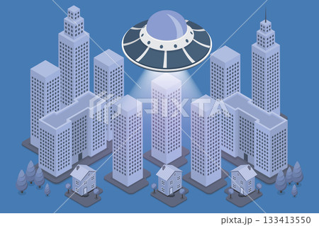 3D Isometric Flat Vector Illustration of UFO, Alien Spaceship With Light Beams In City Night Sky 3D Isometric Flat Vector Illustration of UFO, Alien Spaceship With Light Beams In City Night Sky 133413550