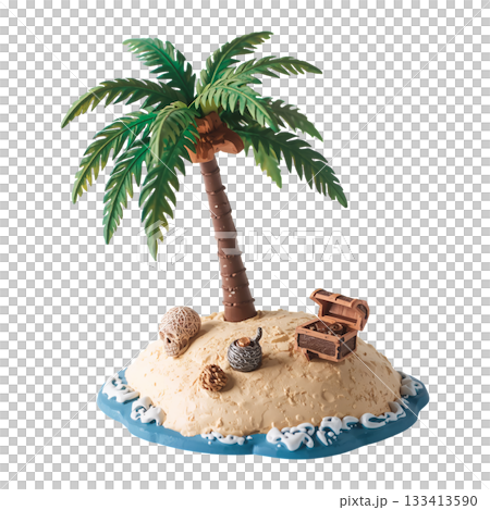 Small Tropical Island Setup With Palm Tree and Treasure Chest on Sandy Shore 133413590