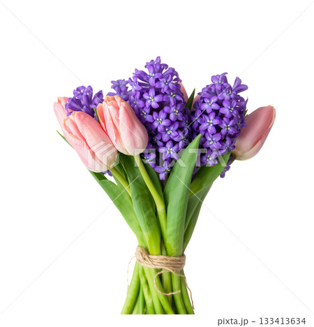 Fresh Tulips and Hyacinths Arranged in a Vibrant Bouquet on a White Background for Spring Decoration 133413634