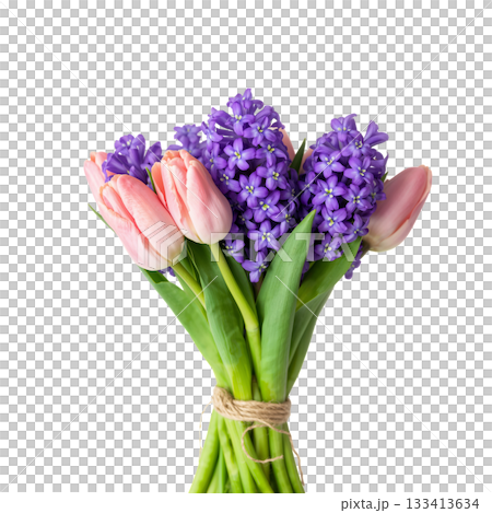 Fresh Tulips and Hyacinths Arranged in a Vibrant Bouquet on a White Background for Spring Decoration 133413634