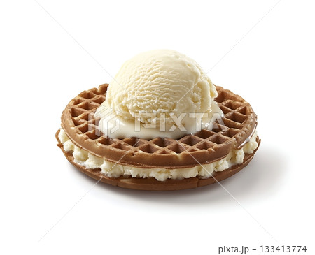 Waffle with vanilla ice cream scoop surrounded by creamy filling 133413774