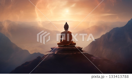 Buddha sitting serenely on mountain peak at sunset 133413788