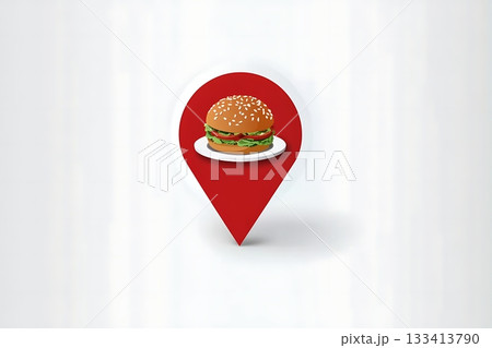 Burger on red map pin icon symbolizing location or restaurant 133413790