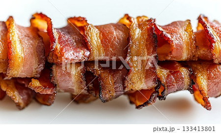 Close-Up of Crispy Fried Bacon Strips with Beautiful Texture Close-Up of Crispy Fried Bacon Strips with Beautiful Texture 133413801