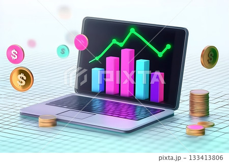 Digital laptop with a virtual graph showing financial data trends. Digital laptop with a virtual graph showing financial data trends. 133413806