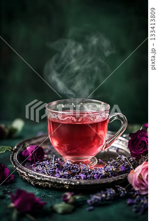 Hot tea steaming in a glass cup surrounded by flowers Hot tea steaming in a glass cup surrounded by flowers 133413809