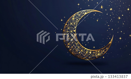 Glowing Crescent Moon Surrounded by Stars and Sparkling Lights Glowing Crescent Moon Surrounded by Stars and Sparkling Lights 133413837