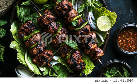 Grilled Chicken Skewers with Mint, Lime, and Fresh Vegetables 133413844