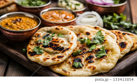 "Freshly Baked Naan with Dal and Onion Garnish "Freshly Baked Naan with Dal and Onion Garnish 133413854