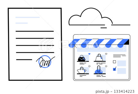 Digital contract with signature next to an online retail store interface under a cloud. Ideal for e-commerce, digital agreements, online businesses, cloud services, virtual transactions, digital Digital contract with signature next to an online retail store interface under a cloud. Ideal for e-commerce, digital agreements, online businesses, cloud services, virtual transactions, digital 133414223