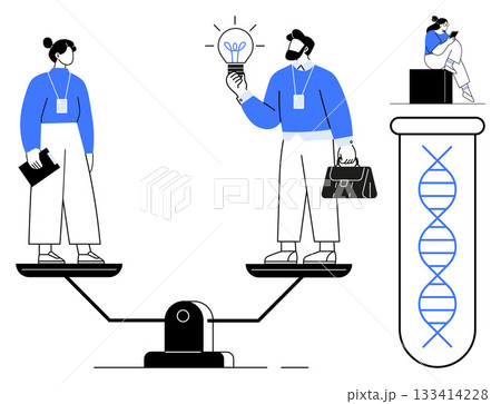 Two professionals balancing on a seesaw, one holding a light bulb and briefcase, the other notebook. Third figure seated on bench with laptop, DNA strand in test tube. Ideal for innovation, teamwork 133414228