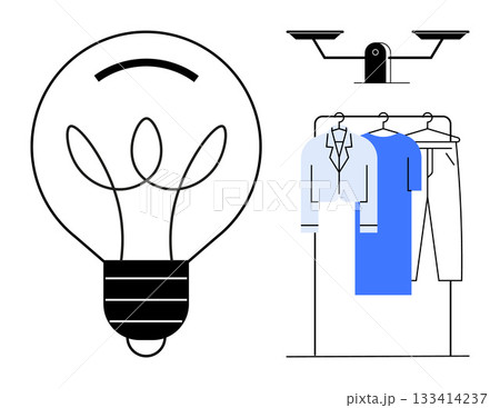 Light bulb icon, balance scale, clothing rack with shirt, coat, and pants. Ideal for business innovation, balance, fashion industry, decision making creativity professional attire productivity Light bulb icon, balance scale, clothing rack with shirt, coat, and pants. Ideal for business innovation, balance, fashion industry, decision making creativity professional attire productivity 133414237