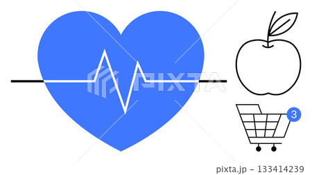 Heartbeat line across blue heart, simple apple outline, shopping cart with notification badge. Ideal for healthcare, fitness, online shopping, wellness, nutrition e-commerce lifestyle. Line 133414239