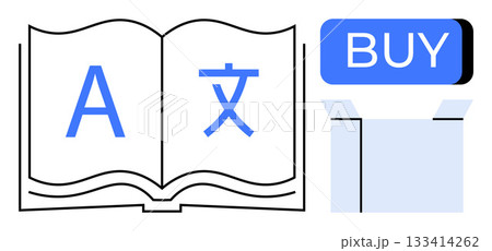 Open book displays English and Chinese characters, symbolizing multilingual content. Adjacent are a Buy button and an open box. Ideal for e-commerce, education, global trade, digital libraries Open book displays English and Chinese characters, symbolizing multilingual content. Adjacent are a Buy button and an open box. Ideal for e-commerce, education, global trade, digital libraries 133414262