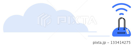 Cloud with lines indicating movement, blue padlock with tag, and wireless signal above it. Ideal for data security, cloud computing, network protection, online privacy, cybersecurity, data storage 133414275