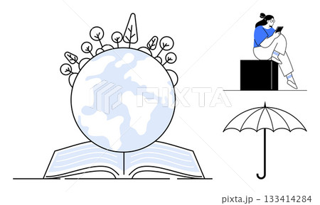 Earth globe with trees growing from an open book, student reading on a platform, umbrella. Ideal for education, sustainability, learning, environmental awareness, student life, reading protection Earth globe with trees growing from an open book, student reading on a platform, umbrella. Ideal for education, sustainability, learning, environmental awareness, student life, reading protection 133414284