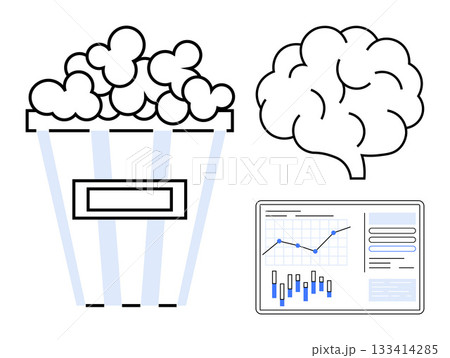 Popcorn box next to a brain and data chart with bar graphs and line graphs. Ideal for topics on entertainment, creativity, data analysis, business presentations, strategy meetings, cognitive studies Popcorn box next to a brain and data chart with bar graphs and line graphs. Ideal for topics on entertainment, creativity, data analysis, business presentations, strategy meetings, cognitive studies 133414285