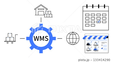 Warehouse icon, cart with boxes, cog labeled WMS, globe icon, calendar with checkmark, online store interface. Ideal for logistics, inventory management, supply chain order processing retail Warehouse icon, cart with boxes, cog labeled WMS, globe icon, calendar with checkmark, online store interface. Ideal for logistics, inventory management, supply chain order processing retail 133414290