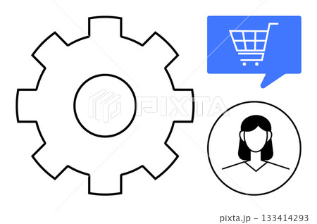 Gear symbol, shopping cart inside a speech bubble, female user profile. Ideal for technology, e-commerce, user interaction, customer service, online shopping, technical support, digital Gear symbol, shopping cart inside a speech bubble, female user profile. Ideal for technology, e-commerce, user interaction, customer service, online shopping, technical support, digital 133414293