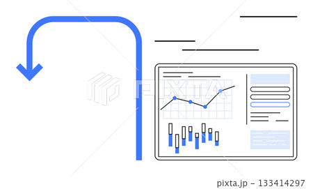 Analytics dashboard with graphs, charts, and a downward arrow indicating performance trends. Ideal for business reports, data analysis, performance tracking, strategy planning, financial reviews Analytics dashboard with graphs, charts, and a downward arrow indicating performance trends. Ideal for business reports, data analysis, performance tracking, strategy planning, financial reviews 133414297