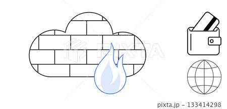 Cloud protected by a firewall with blue flame, wallet with credit cards, and globe. Ideal for cybersecurity, data protection, online banking, secure transactions, e-commerce, internet security cloud Cloud protected by a firewall with blue flame, wallet with credit cards, and globe. Ideal for cybersecurity, data protection, online banking, secure transactions, e-commerce, internet security cloud 133414298