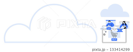 People engaged in online shopping, using a cloud-based platform, completing a purchase. Ideal for e-commerce, cloud computing, online security, technology, digital marketing, retail financial 133414299