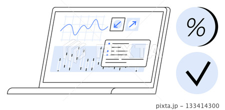Laptop screen displaying line and bar graphs along with data analysis elements. Icons include a percentage sign and a check mark. Ideal for business analytics, financial reports, marketing plans 133414300