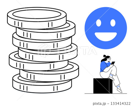 Woman sitting on a block using a tablet next to a large stack of coins and a happy face icon. Ideal for finance, technology, digital payments, savings, user satisfaction, mobile apps, and lifestyle 133414322