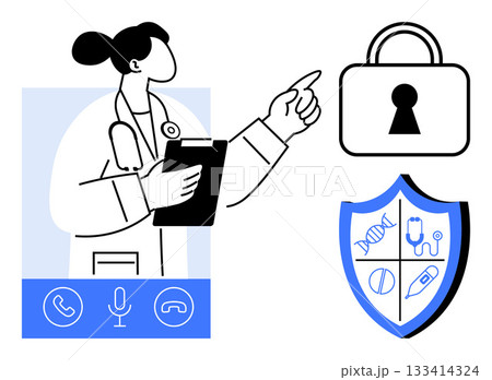 Doctor holding a clipboard during a telemedicine session. Security lock and shield highlight data protection and medical privacy. Ideal for healthcare, digital health, telehealth, data security 133414324