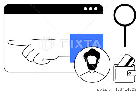 Hand with pointing finger, user profile emblem, magnifying glass, and wallet with card. Ideal for user interface guides, profile setup, search functions, financial services, identity verification 133414325